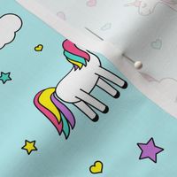 unicorns with rainbows (bright) on blue