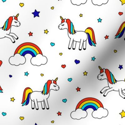 unicorns with rainbows (primary) on white