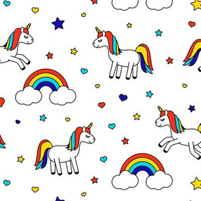 unicorns with rainbows (primary) on white