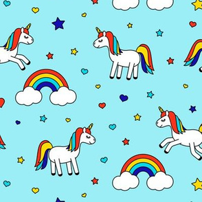 unicorns with rainbows (primary) on blue