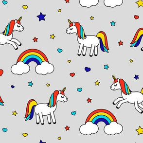 unicorns with rainbows (primary) on grey
