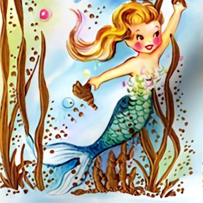 mermaids fairy tales ocean sea seaweeds bubbles corals seashells starfishes  mythical vintage retro kitsch  girls children