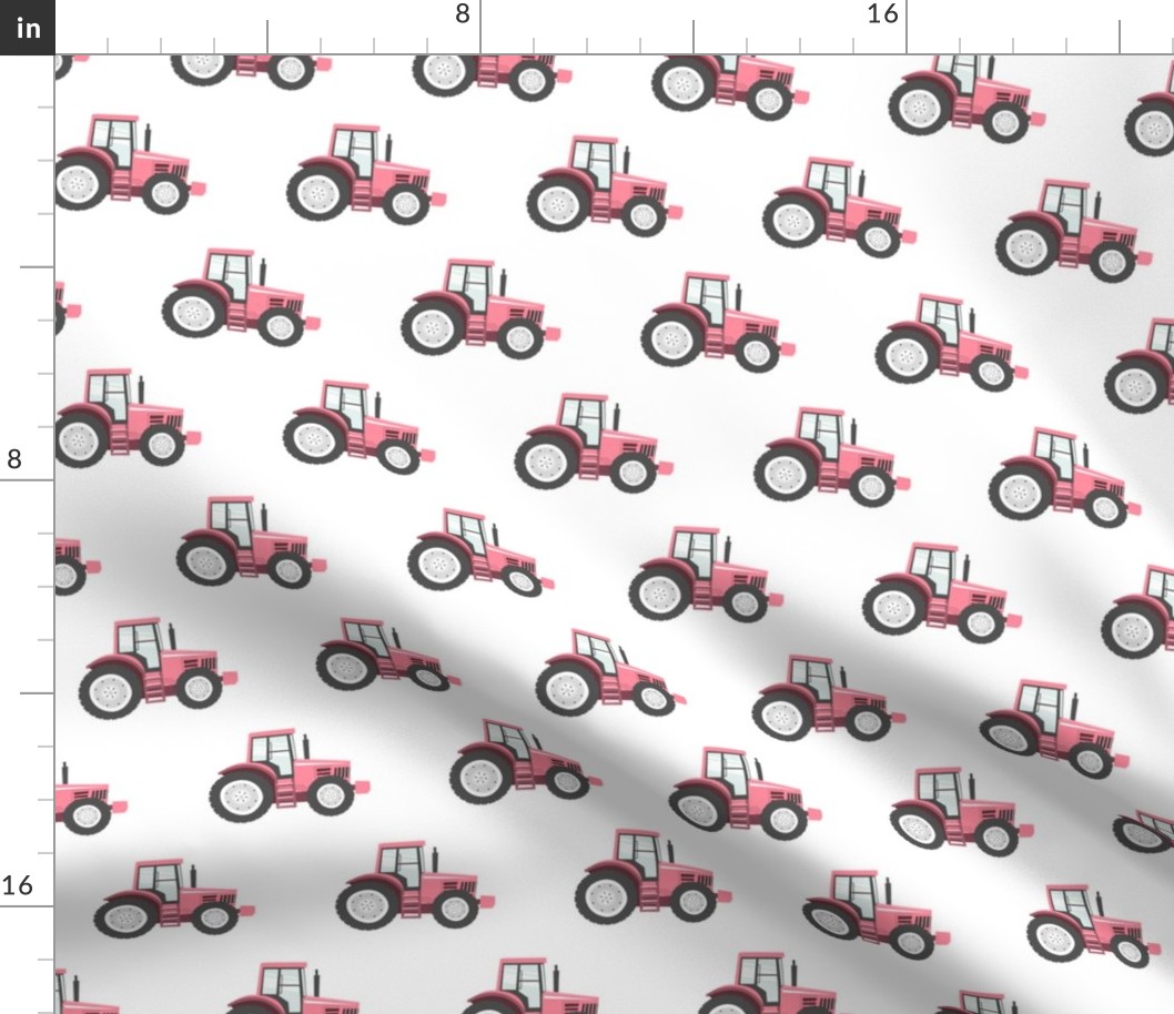 pink tractor on white - farm fabric 