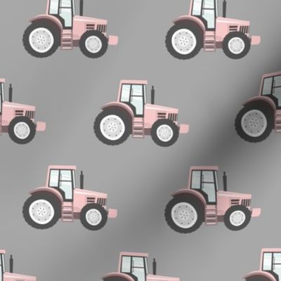 light pink tractors on grey - farm fabric