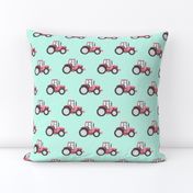 pink tractor on blue - farm fabric