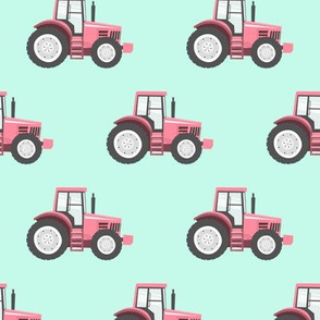 pink tractor on blue - farm fabric