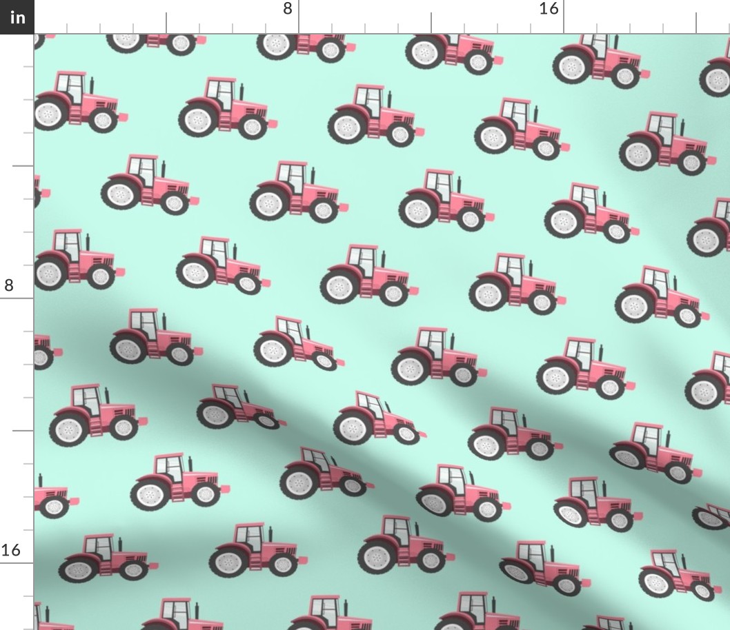 pink tractor on blue - farm fabric