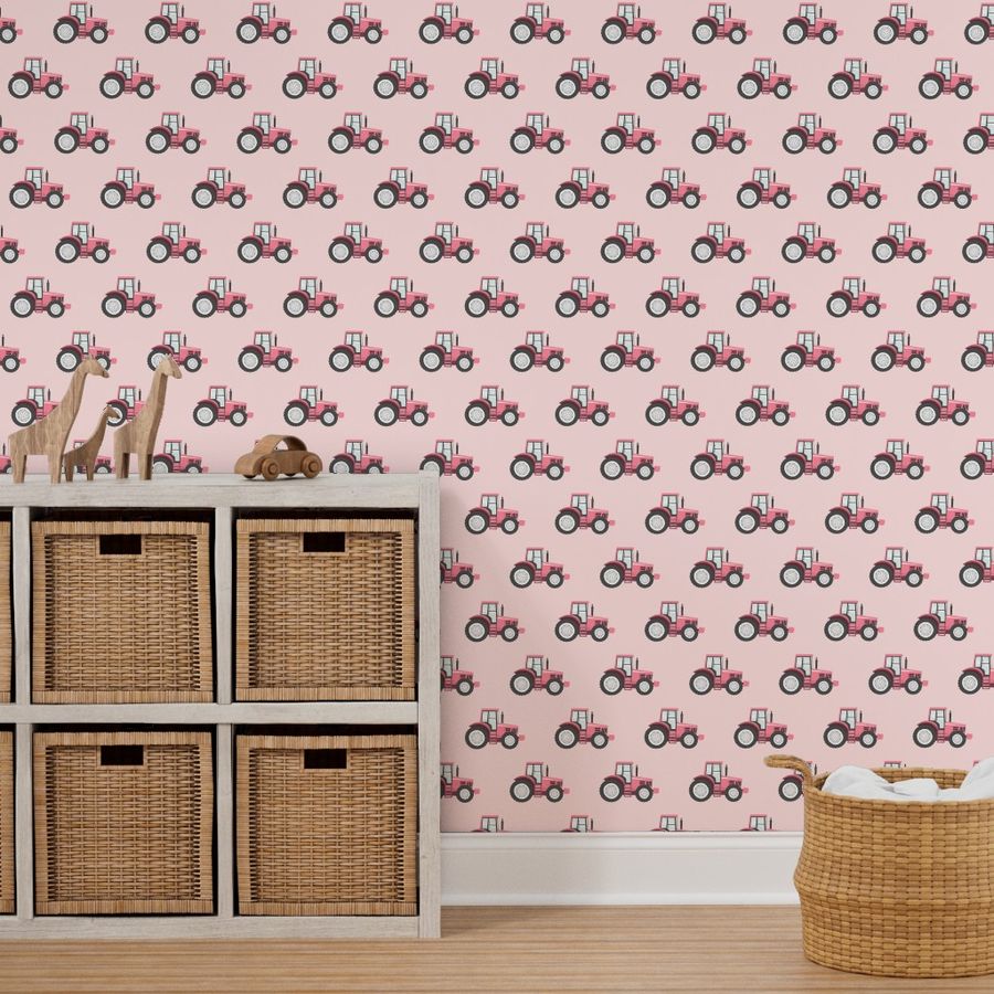 pink tractors on pink - farm themed Wallpaper | Spoonflower