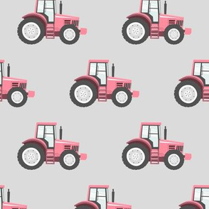 pink tractors on light grey - farming fabric