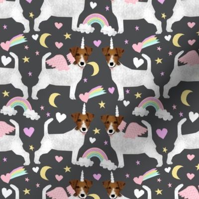 jack russell unicorn fabric pastel unicorns rainbows design  - charcoal