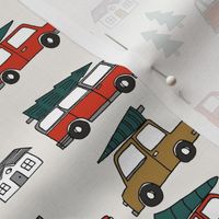 Christmas cars with christmas trees cute fabric winter holiday red neutral