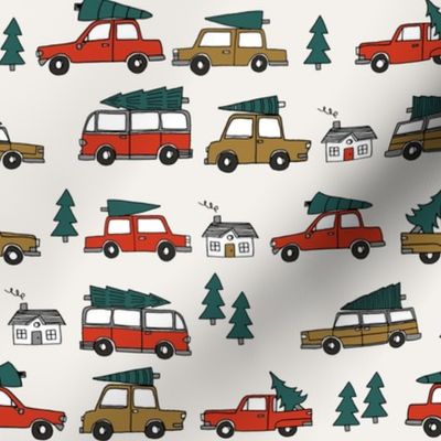 Christmas cars with christmas trees cute fabric winter holiday red neutral