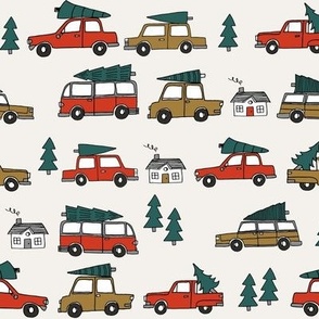 Christmas cars with christmas trees cute fabric winter holiday red neutral