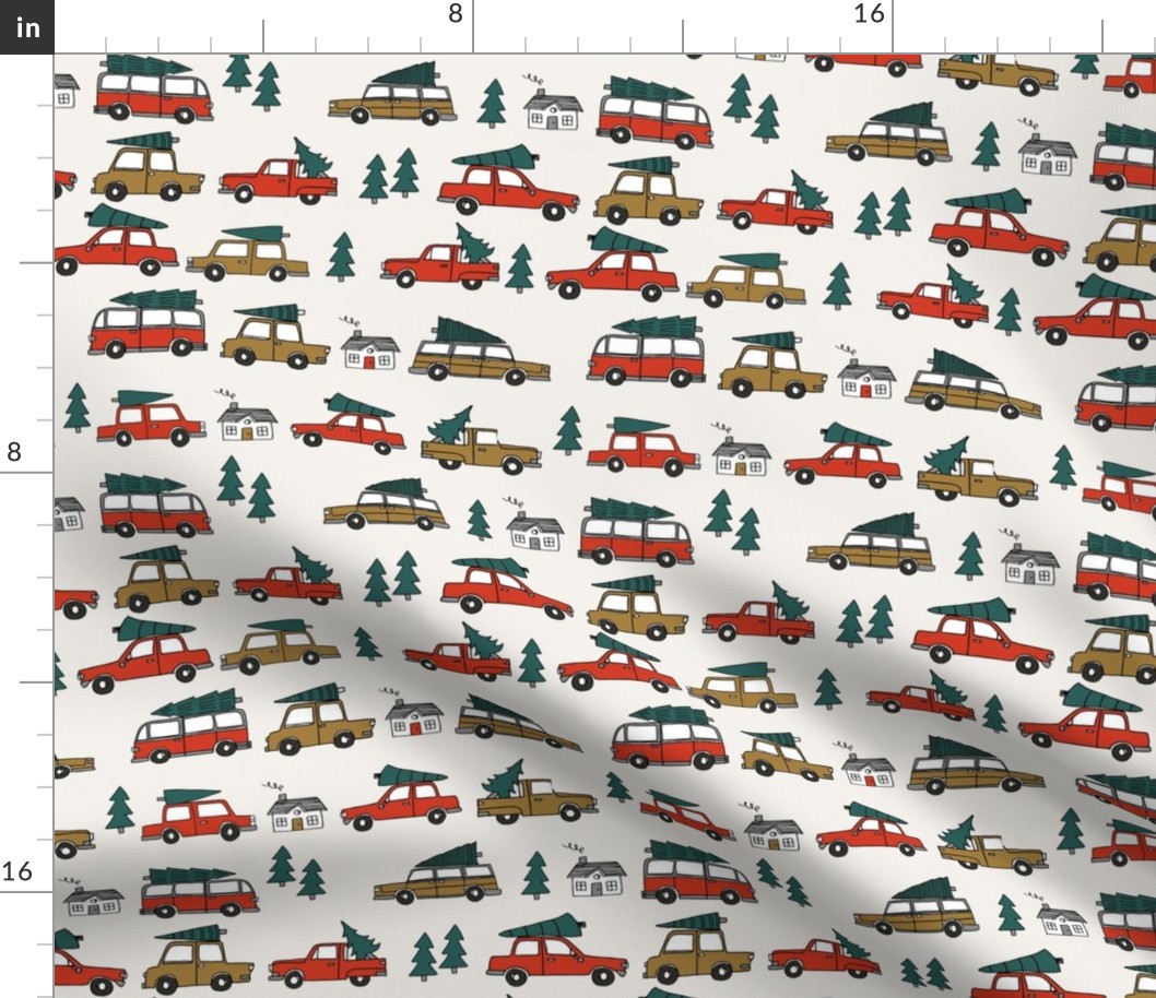 Christmas cars with christmas trees cute fabric winter holiday red neutral