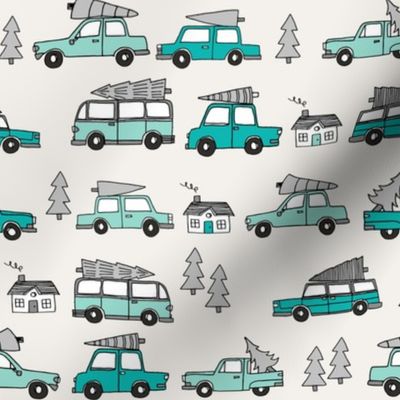 Christmas cars with christmas trees cute fabric winter holiday turquoise