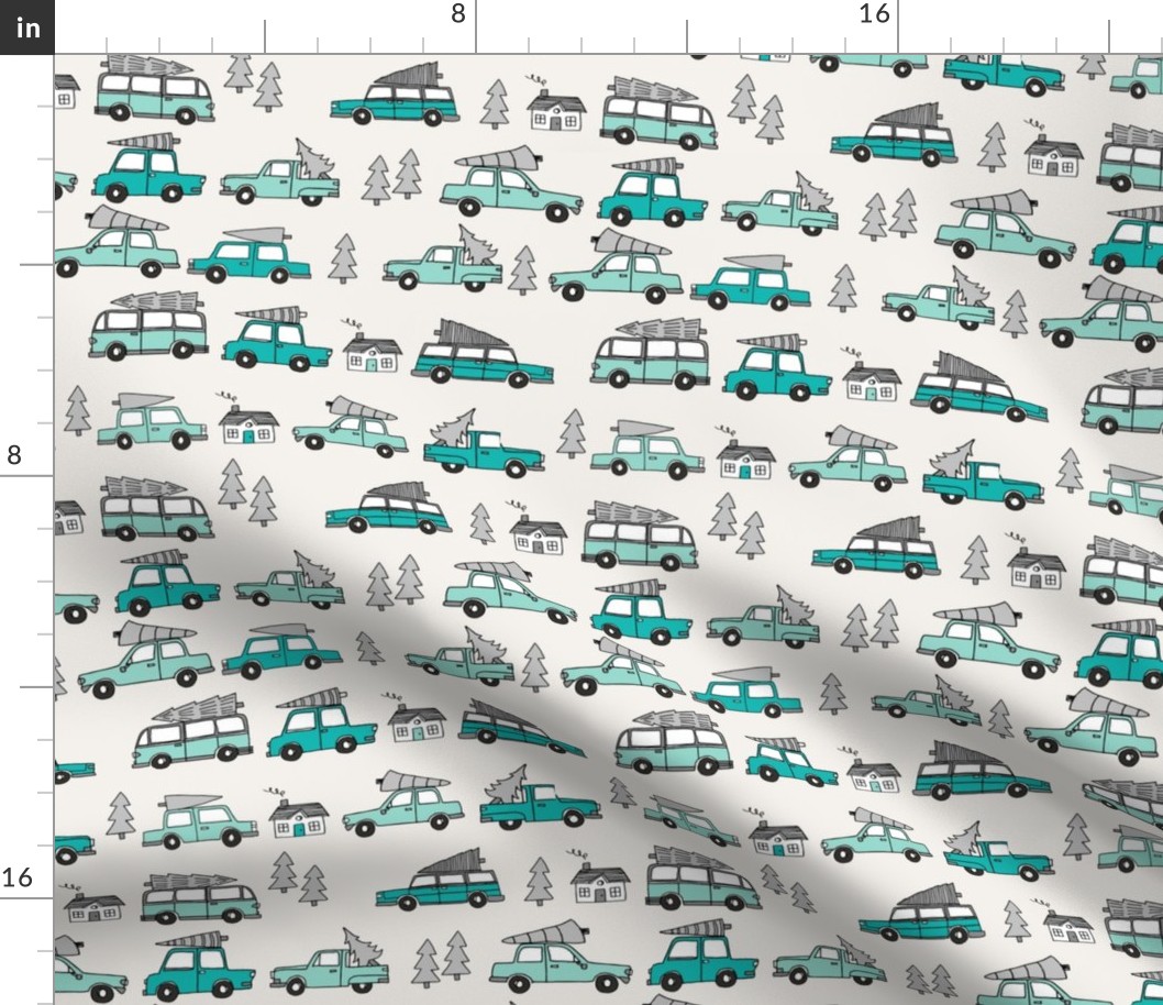 Christmas cars with christmas trees cute fabric winter holiday turquoise