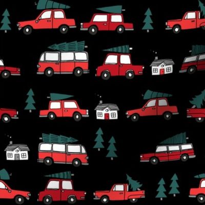 Christmas cars with christmas trees cute fabric winter holiday black