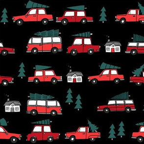 Christmas cars with christmas trees cute fabric winter holiday black