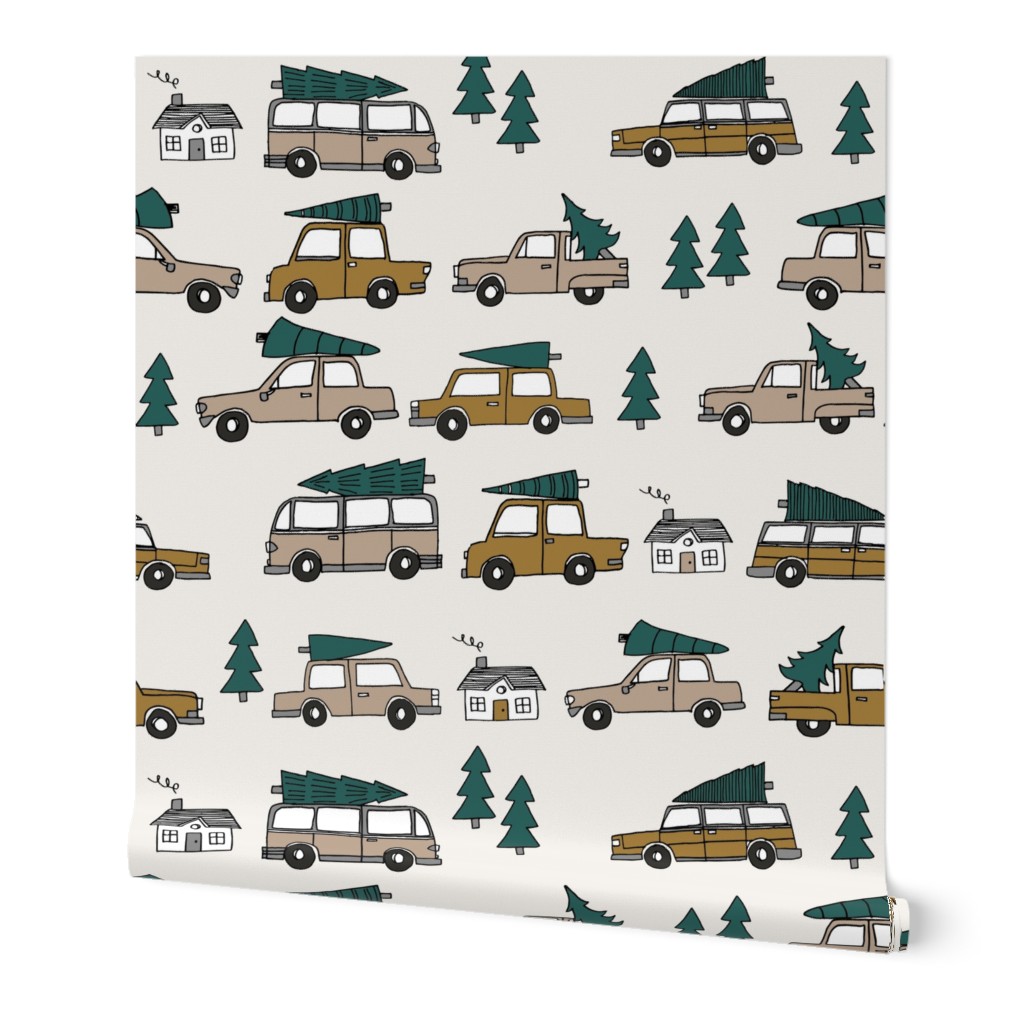 Christmas cars with christmas trees cute fabric winter holiday neutral