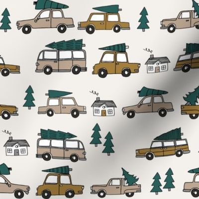 Christmas cars with christmas trees cute fabric winter holiday neutral