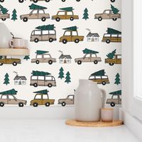 Christmas cars with christmas trees cute fabric winter holiday neutral