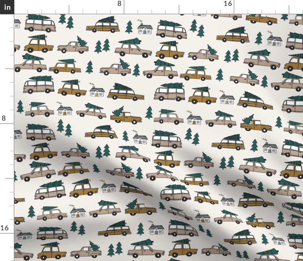 Christmas cars with christmas trees cute fabric winter holiday neutral