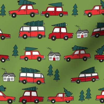Christmas cars with christmas trees cute fabric winter holiday red_green