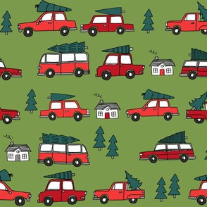 Christmas cars with christmas trees cute fabric winter holiday red_green