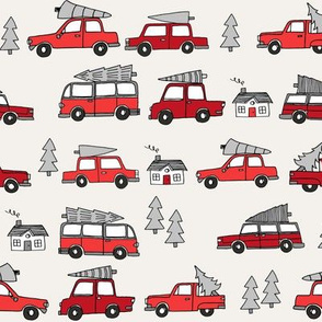 Christmas cars with christmas trees cute fabric winter holiday red_grey