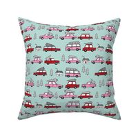 Christmas cars with christmas trees cute fabric winter holiday red_pink