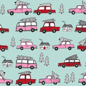 Christmas cars with christmas trees cute fabric winter holiday red_pink
