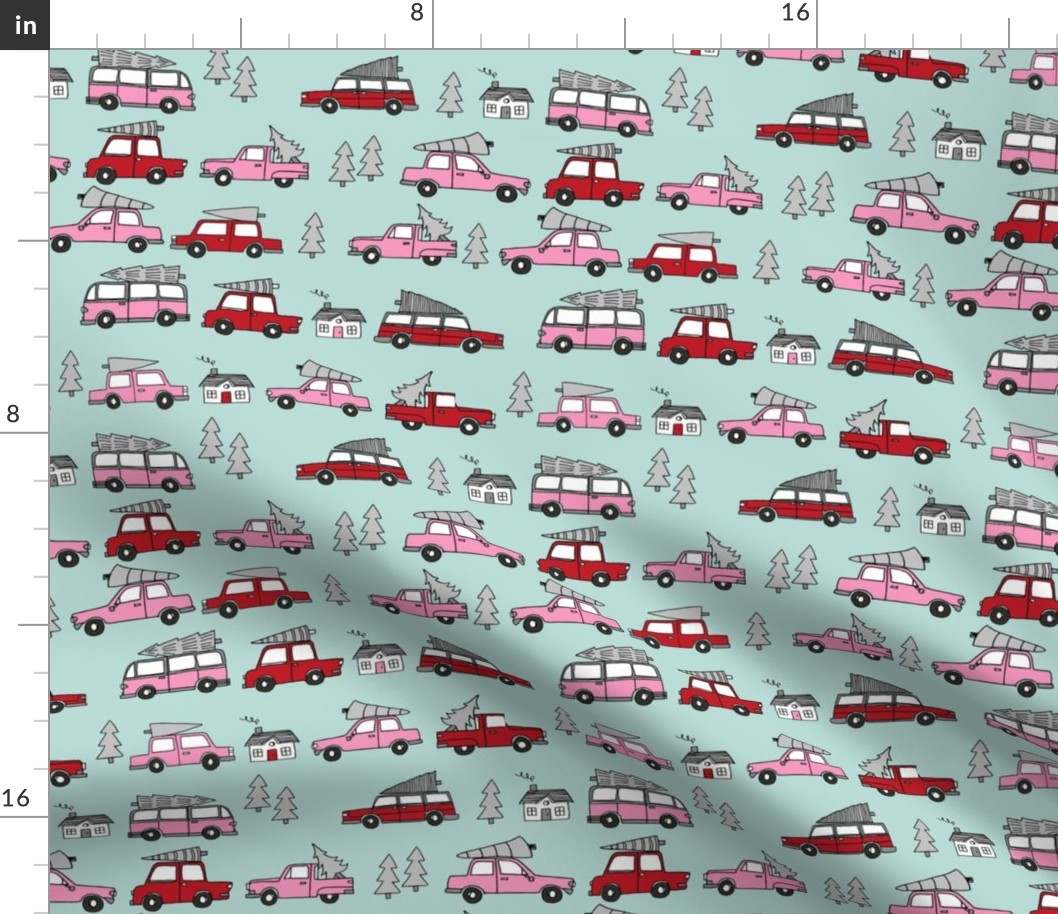 Christmas cars with christmas trees cute fabric winter holiday red_pink