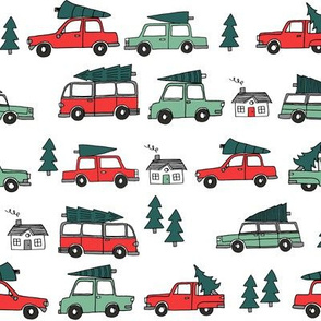 Christmas cars with christmas trees cute fabric winter holiday red_white