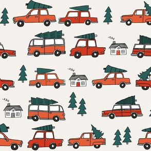 Christmas cars with christmas trees cute fabric winter holiday red