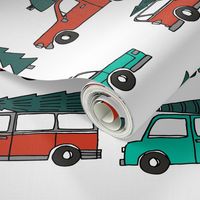 Christmas cars with christmas trees cute fabric winter holiday white