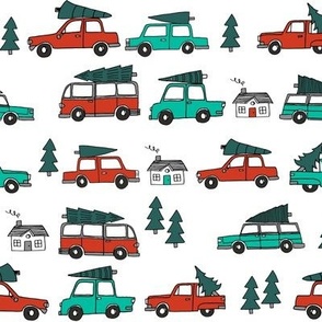 Christmas cars with christmas trees cute fabric winter holiday white