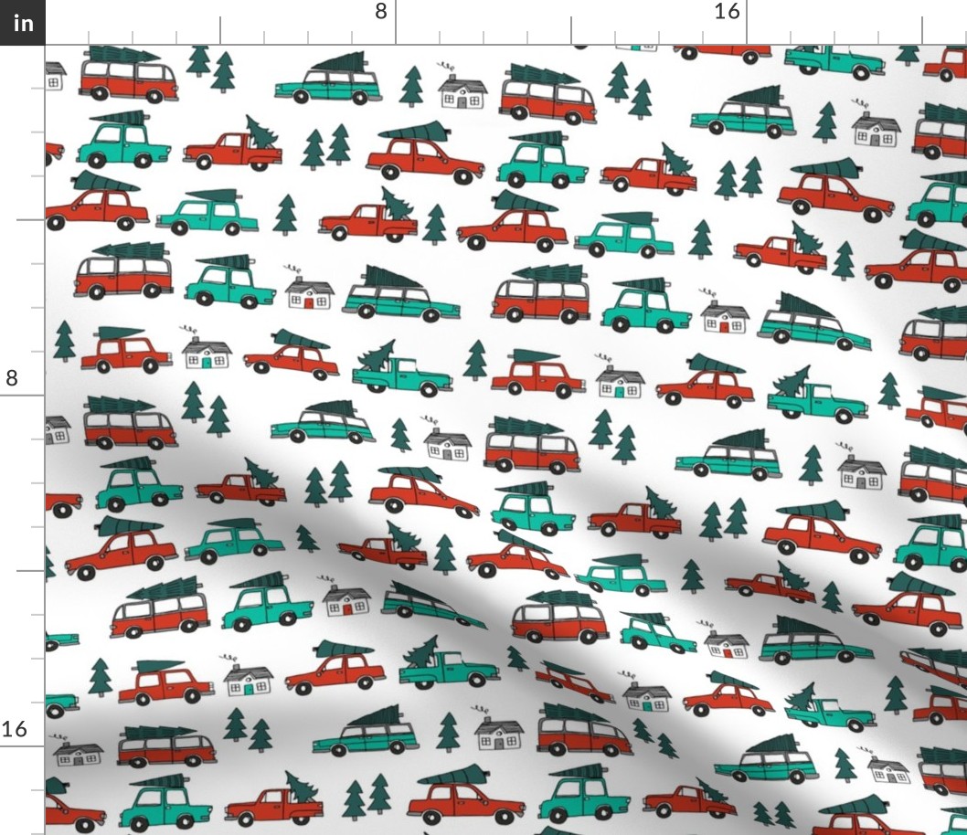 Christmas cars with christmas trees cute fabric winter holiday white