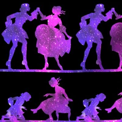 2 Cinderella fairy tales prince princess glass slippers shoes sparkles stars universe galaxy cosmic cosmos planets nebula silhouette  dancing dance ballroom palace castles watercolor effect  purple blue violet clouds 