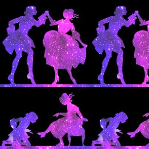 2 Cinderella fairy tales prince princess glass slippers shoes sparkles stars universe galaxy cosmic cosmos planets nebula silhouette  dancing dance ballroom palace castles watercolor effect  purple blue violet clouds 