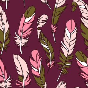 Feathers - Pink & Green on Plum