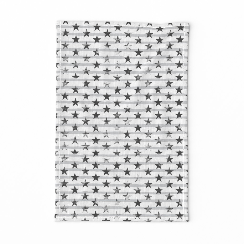 Distressed Charcoal Stars on Light Gray Stripes (Grunge Painted Vintage Distressed 4th of July American Flag Stripes)