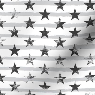 Distressed Charcoal Stars on Light Gray Stripes (Grunge Painted Vintage Distressed 4th of July American Flag Stripes)