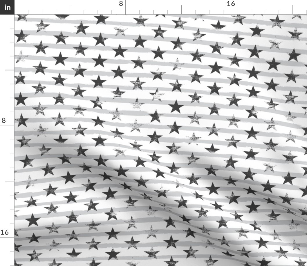 Distressed Charcoal Stars on Light Gray Stripes (Grunge Painted Vintage Distressed 4th of July American Flag Stripes)