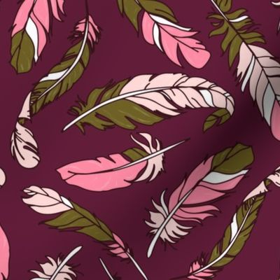 Feathers Scattered - Pink & Green on Plum