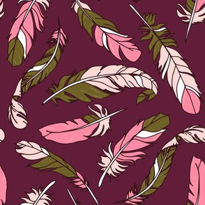 Feathers Scattered - Pink & Green on Plum