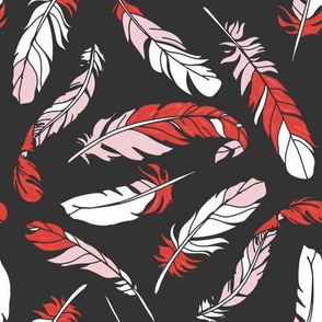 Feathers Scattered - Pink & Red on Charcoal