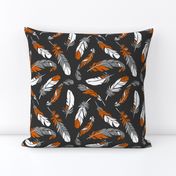 Feathers Scattered - Orange & Gray on Charcoal