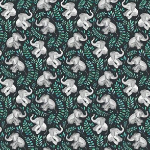 Tiny Laughing Baby Elephants with Emerald and Turquoise leaves