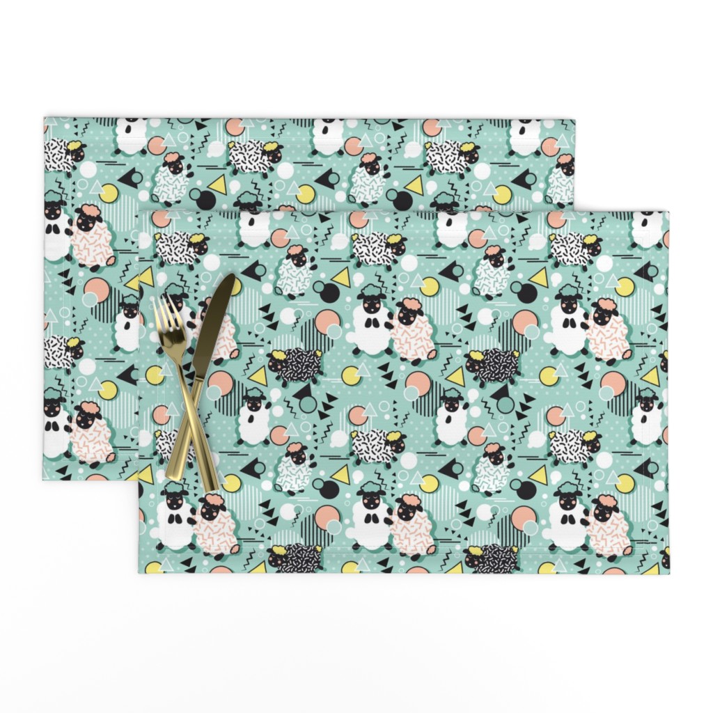 Mééé Memphis sheep // mint background yellow @ peach circles & triangles black & white sheep arrows lines & dots