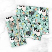 Mééé Memphis sheep // mint background yellow @ peach circles & triangles black & white sheep arrows lines & dots